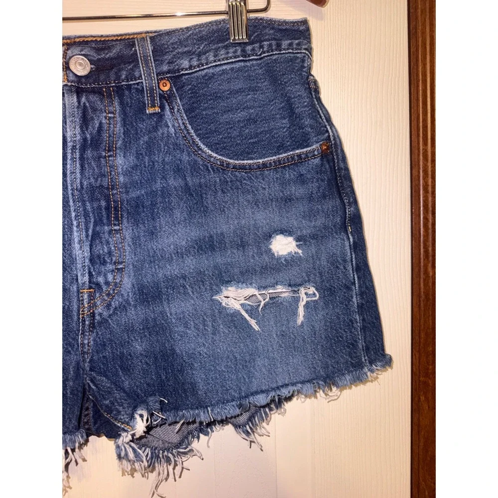 Levis 501 Original High Rise Cutoff Denim Jean Shorts Blue Distressed Size 31